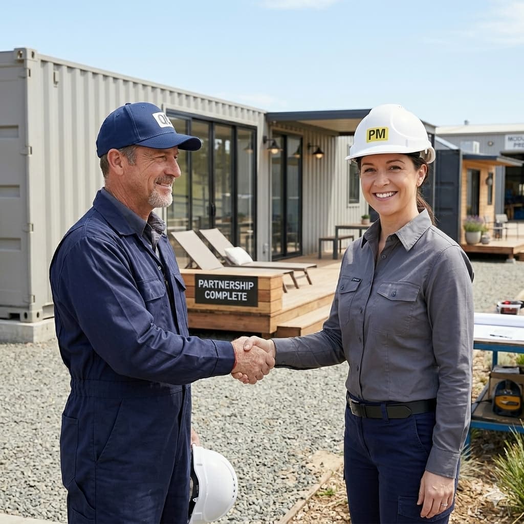 Two business partners shaking hands in front of a modular building